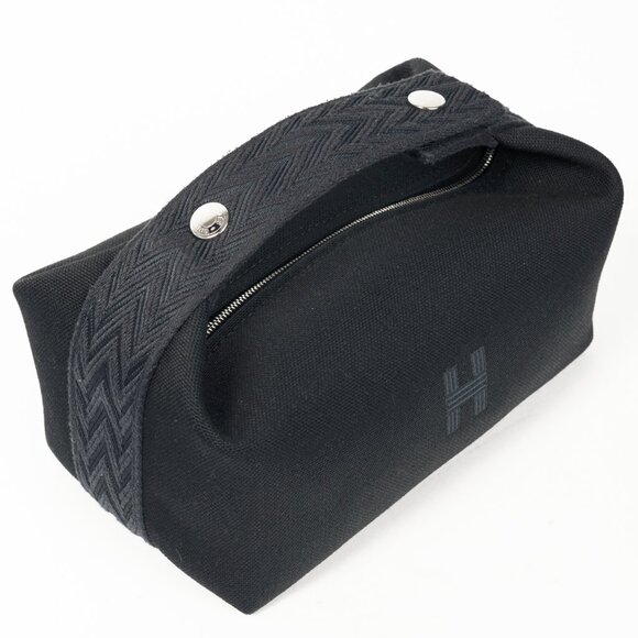Hermes Bride-a-Brac Small Model Noir Canvas & Bleu Nuit Chevron Strap Case - Picture 6 of 14